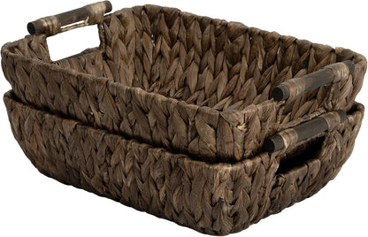 StorageWorks Hand-Woven Storage Baskets with Wooden Handles, Water Hyacinth Wicker Baskets for Organizing, 2 Pack