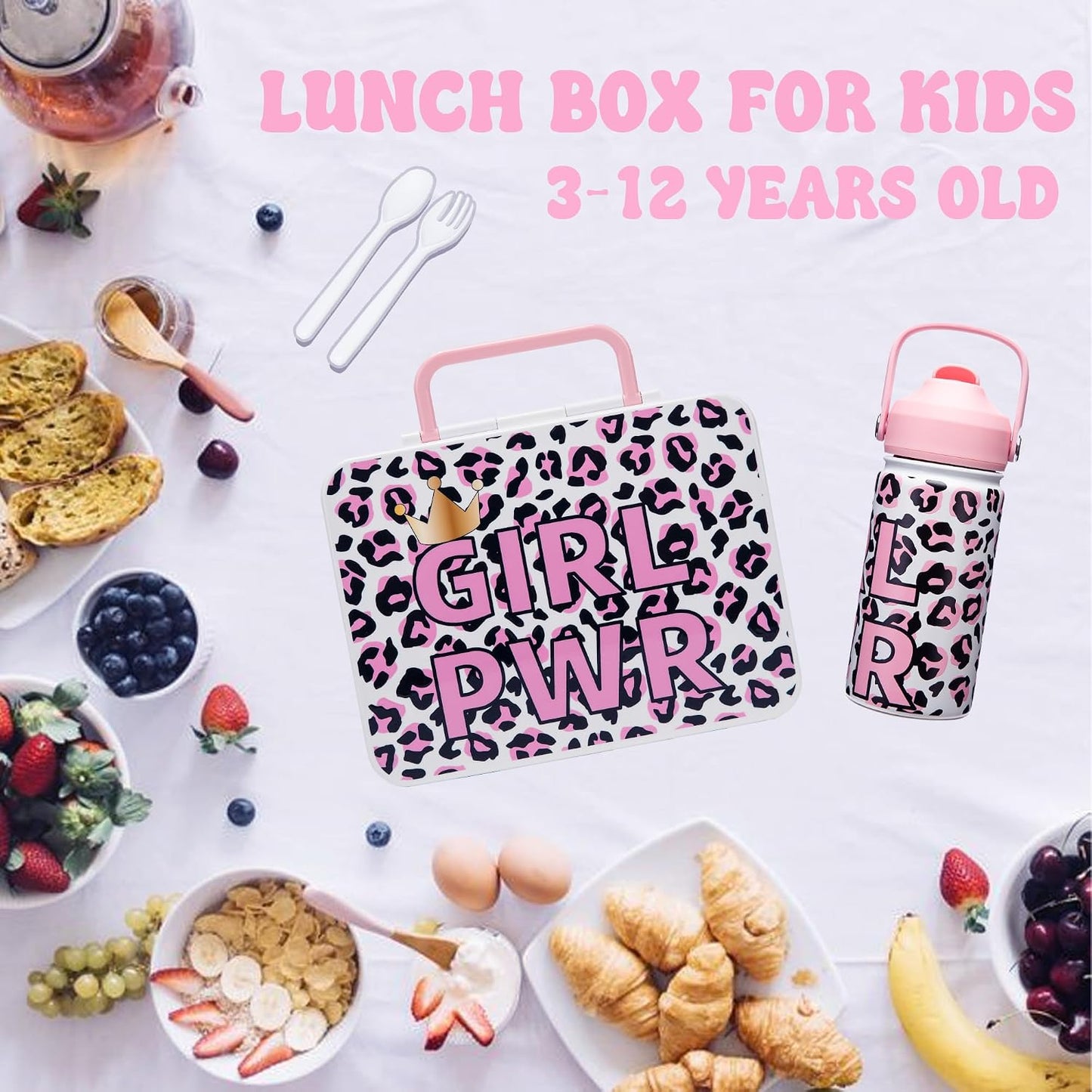Kids Bento Lunch Box with 6 Compartments Girls Lunch Box with Lunch Bag,Stainless Steel Water Bottle,Ice Pack & Utensils Set,Birthday Gifts for Ages 3-12 Back to School Toddler Girls