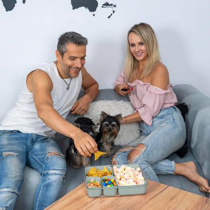 Small Snackle Box Container - Travel Snack Box Container - Snacklebox - Divided Serving Tray With Lid and Handle - Portable Snack Tray With Lid - Snackle Boxes 4 compartment Grey Blue (Cream)