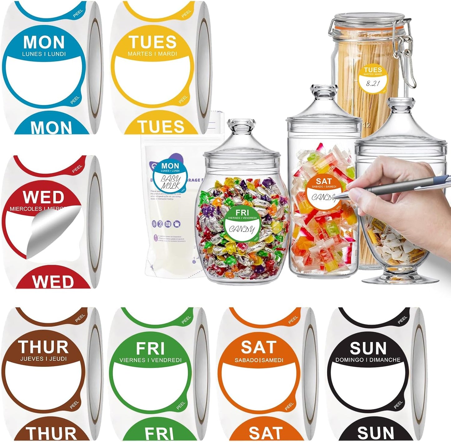 7000 Pcs 1 Inch Days of The Week Stickers, Removable Date Dots Food Labels Peel Tab(Mon-Sun) for Container Bottles, Kitchen Freezers, Restaurant Inventory Management Supplies(1000 pre-Cut per roll)