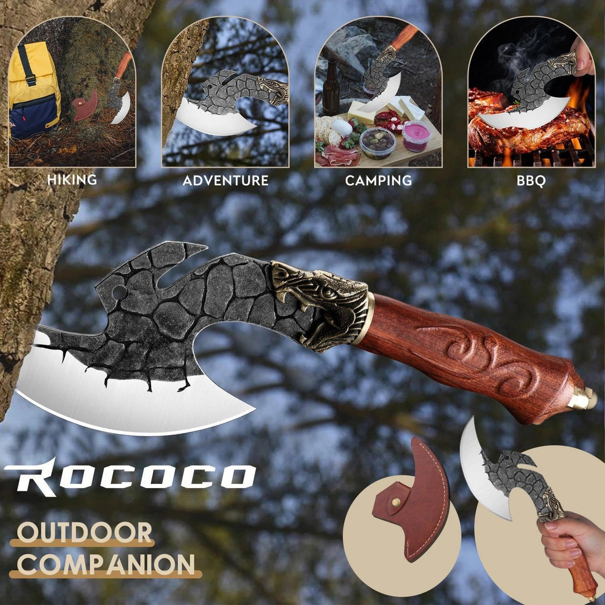 ROCOCO Viking Cleaver Knife Birthday - Kitchen Axe & Sheath Father Gift Men