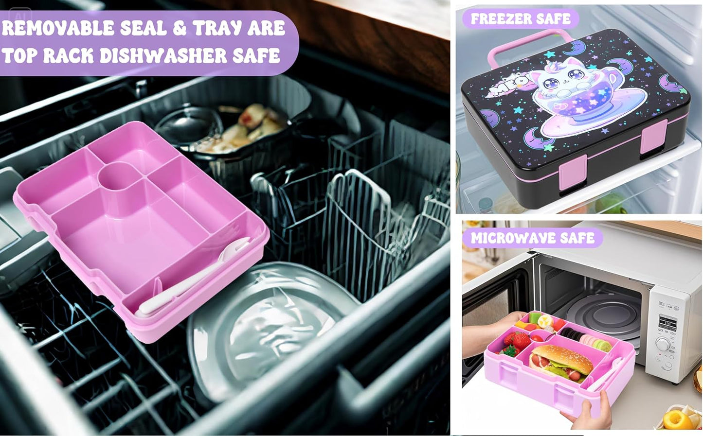 Kids Bento Lunch Box with 6 Compartments Girls Lunch Box with Lunch Bag,Stainless Steel Water Bottle,Ice Pack & Utensils Set,Birthday Gifts for Ages 3-12 Back to School Toddler Girls