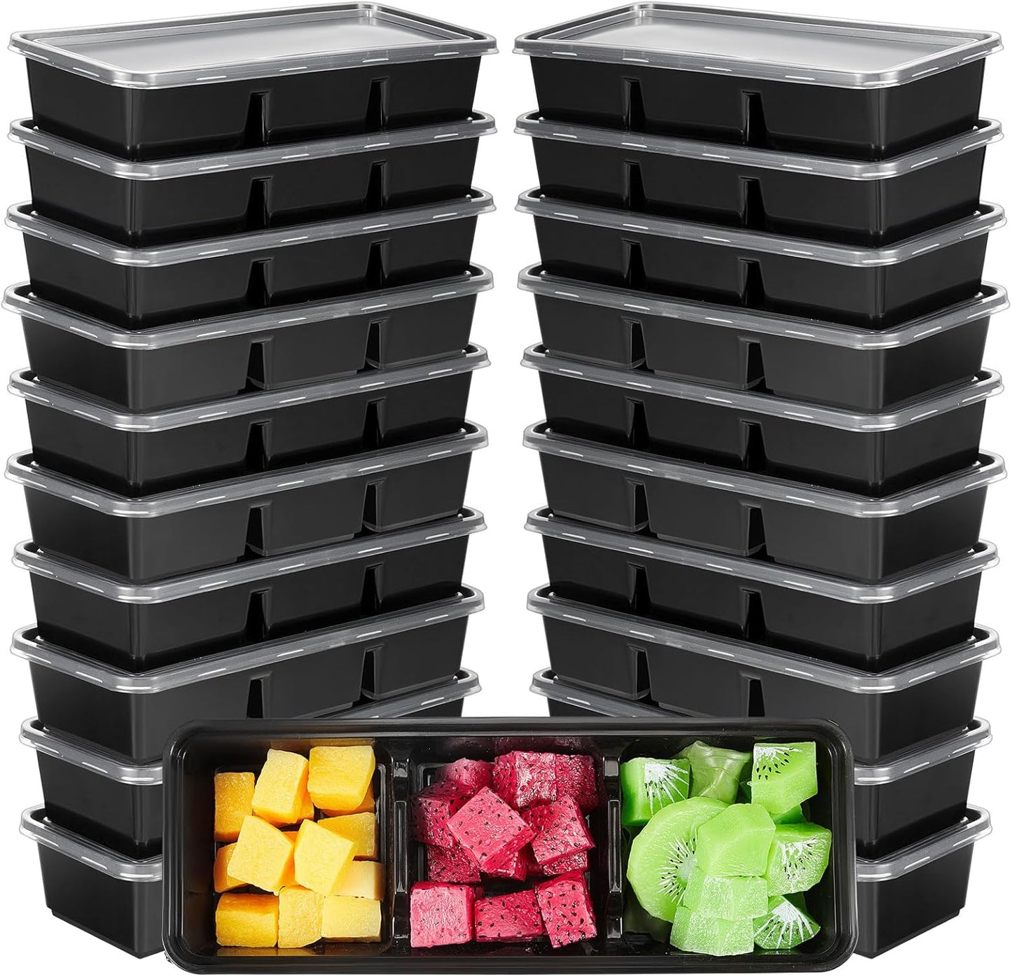 Hushee 10 Pack 17 oz Small Meal Prep Containers with 3 Compartments Snack Containers with Lid Disposable Plastic Bento Box Travel Lunch Food Boxes Stackable for Office Picnic (Black)