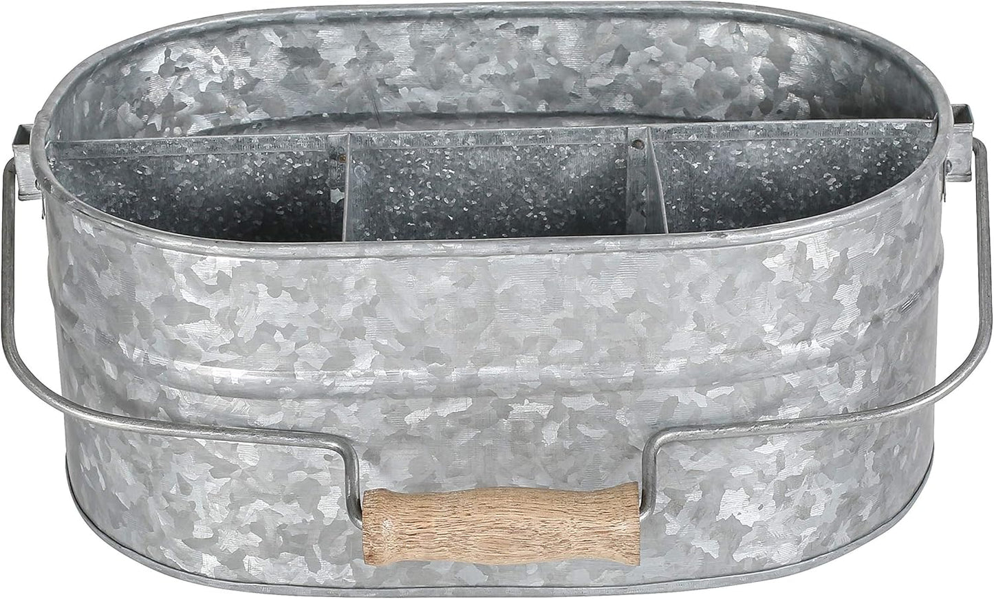 Alpha Living Home Galvanized Metal Utensil Caddy - Rustic Farmhouse Organizer Metal Garden Caddy with 4 Compartments and Wooden Handle for Kitchen, Buffet & Outdoor Events (Silver)
