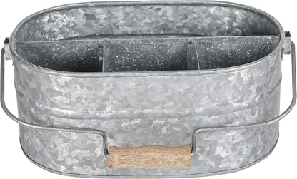 Alpha Living Home Galvanized Metal Utensil Caddy - Rustic Farmhouse Organizer Metal Garden Caddy with 4 Compartments and Wooden Handle for Kitchen, Buffet & Outdoor Events (Silver)