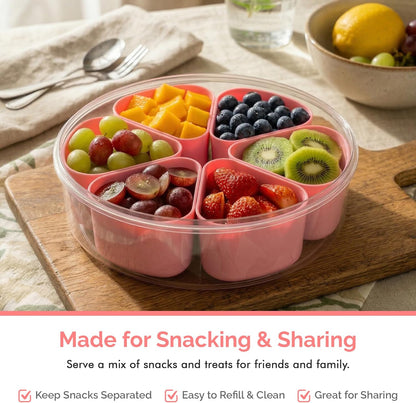 Divided Serving Tray with Lid,Stackable Snackle Box Strawberry Container for Fruits Candy Organizer, Portable Rounded Veggie Tray for Kitchen, Party, Trave and Picnic (Pink)