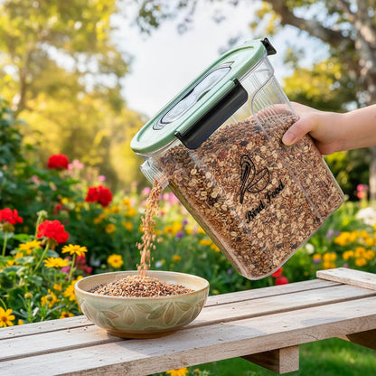 Bird Food Container,Pet Food Storage Bin with Side Pouring Spout and Handle,5lb Bird Seed Storage Container,Airtight BPA Free Portable BirdSeed Storages for Outside Feeders Container Holder