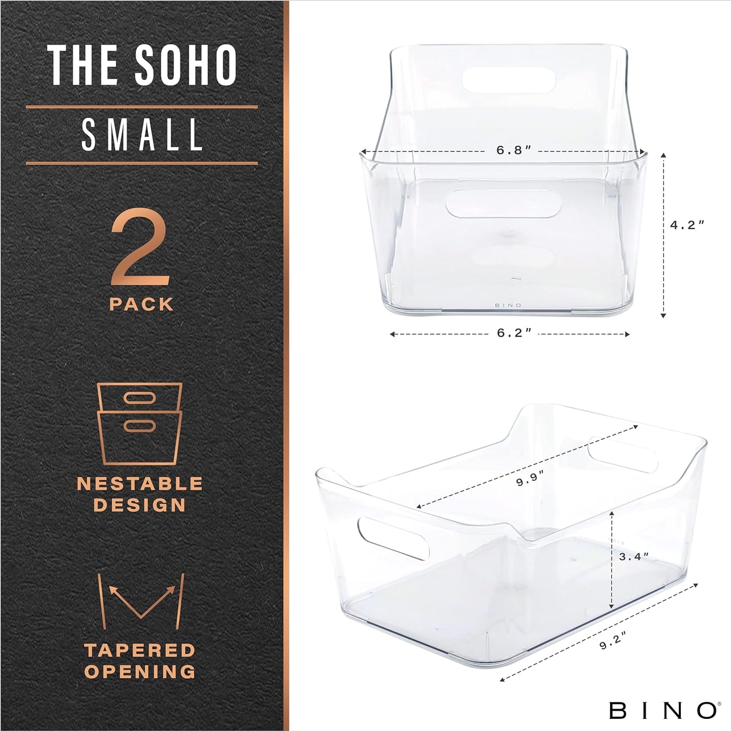 BINO | Plastic Storage Bins, Large - 2 Pack, Clear | THE SOHO COLLECTION | Pantry Organizers and Storage Containers | Fridge Organizer Bins | Kitchen Cabinet Organizer | Medicine Cabinet Bin