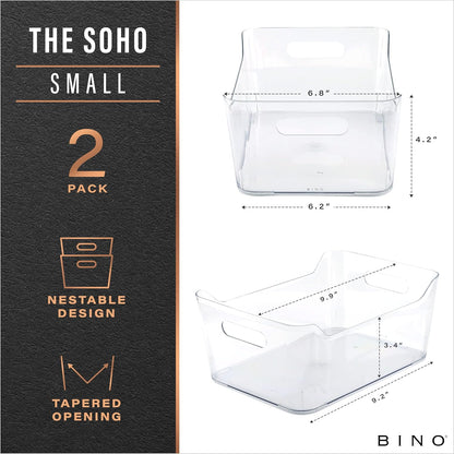 BINO | Plastic Storage Bins, Large - 2 Pack, Clear | THE SOHO COLLECTION | Pantry Organizers and Storage Containers | Fridge Organizer Bins | Kitchen Cabinet Organizer | Medicine Cabinet Bin