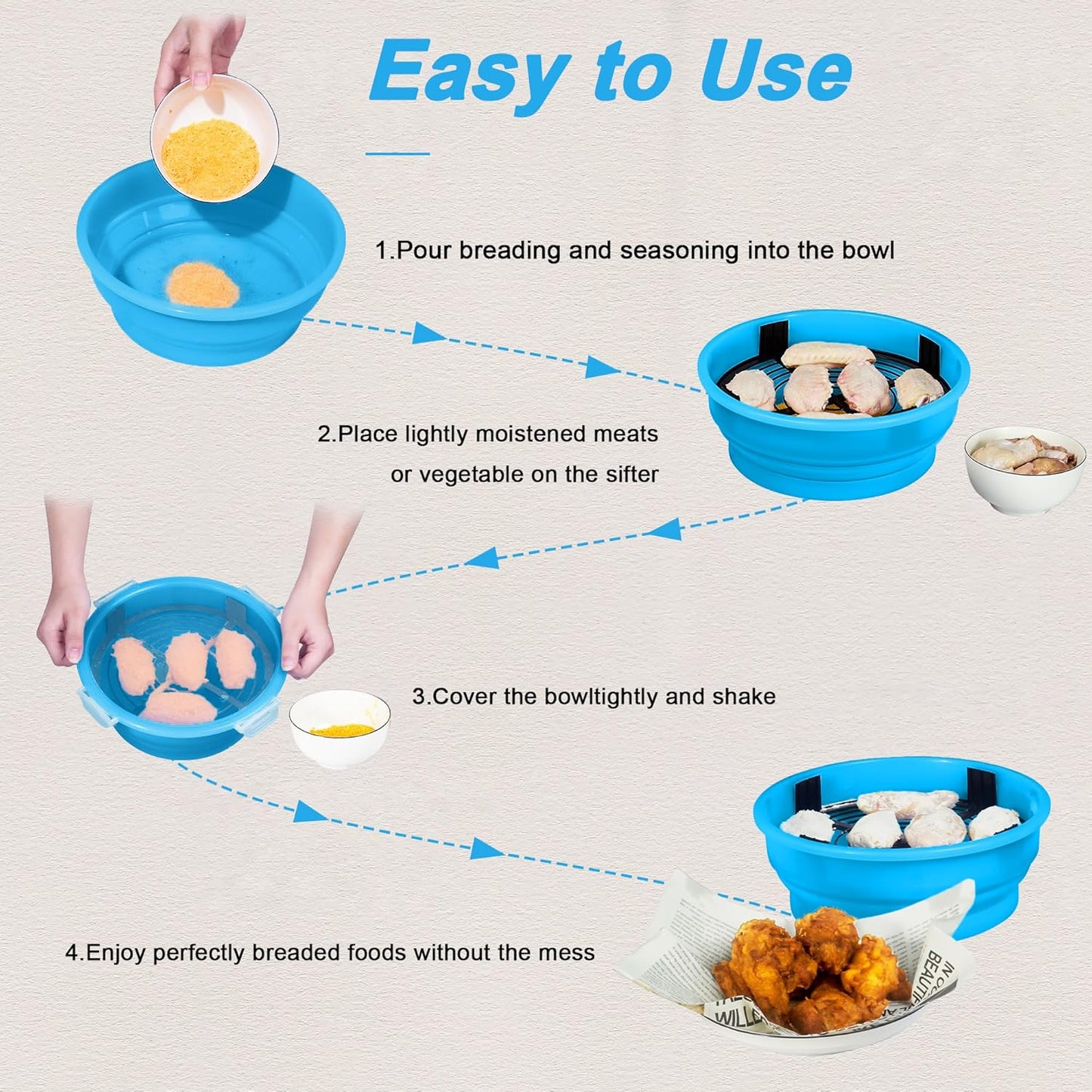 FJNATINH Collapsible Batter Bowl - Mess Free Better Breader Shaker Bowl with Lid Breading Shaker Container for Fried Fish, Fried Chicken, Onion Rings & More,No Leak,Easy to Store,Light Blue