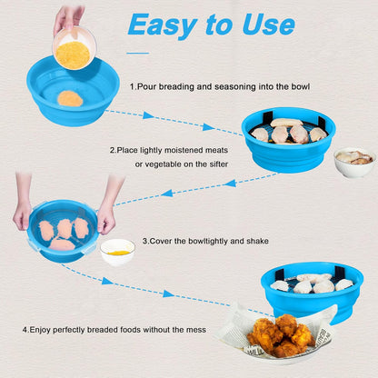 FJNATINH Collapsible Batter Bowl - Mess Free Better Breader Shaker Bowl with Lid Breading Shaker Container for Fried Fish, Fried Chicken, Onion Rings & More,No Leak,Easy to Store,Light Blue