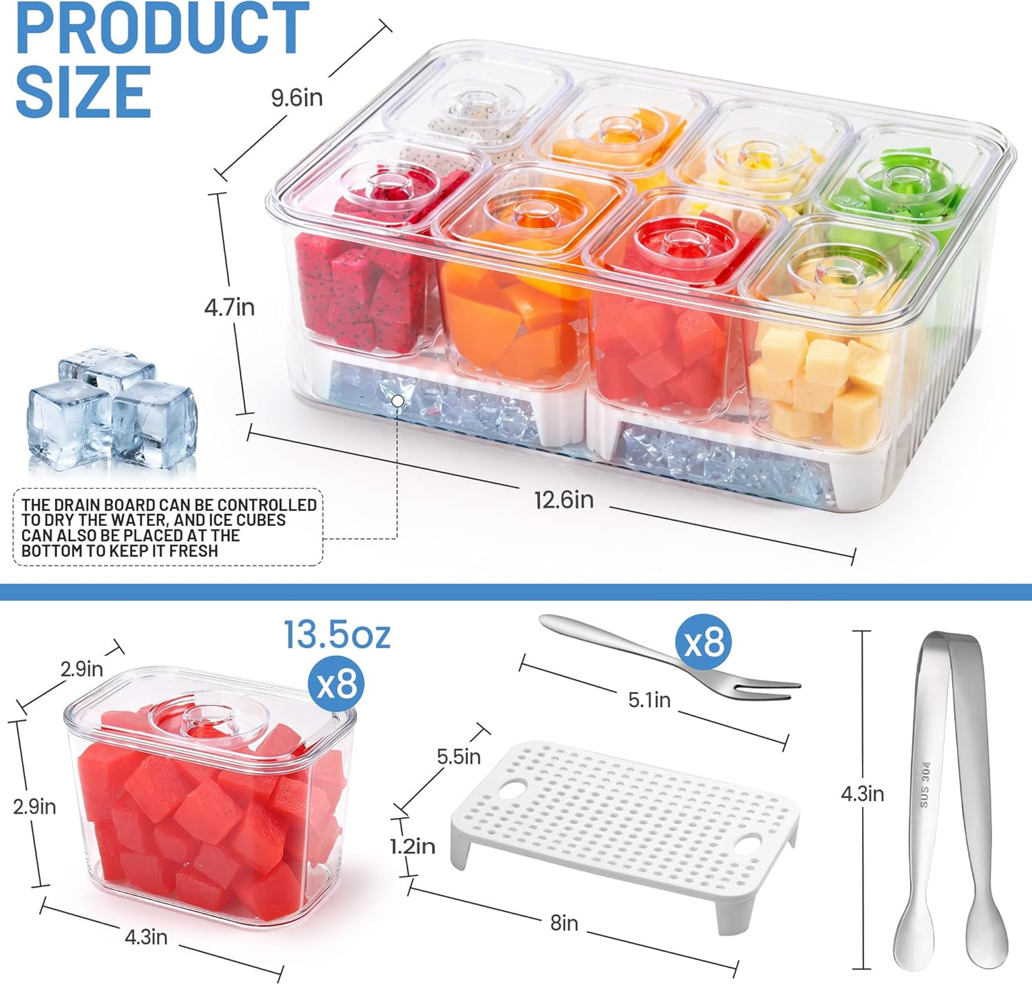 Ice Chilled Condiment Caddy with 8x13.5oz Containers, Large Portable Snack Containers with Lid & Handle, Fruit Veggie Salad Chilled Serving Trays for Party Travel Beach Picnic Outdoor