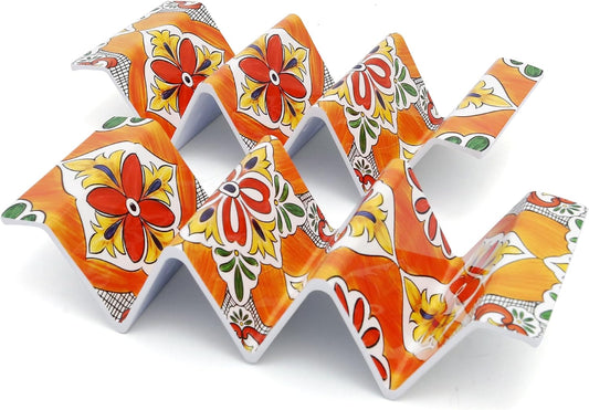 TP Taco Holder Stands, Set of 2 Melamine Large Taco Serving Rack Tray with Handle, Holds 3 Tacos, Dishwasher Safe, Ideal for Taco Night, Party, Home, Fiesta, Talavera Tile
