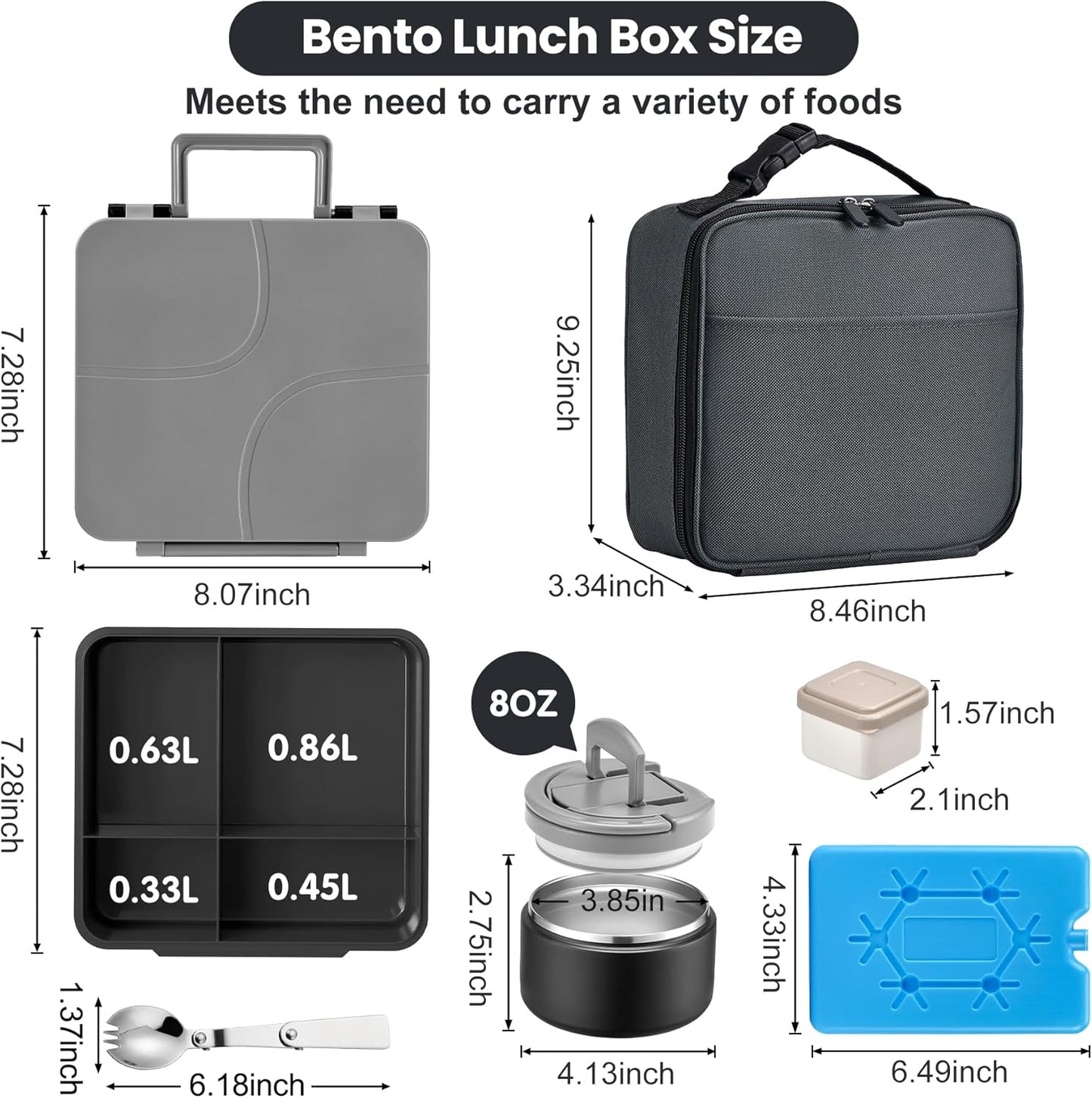 Bento Lunch Box with 8oz Soup Thermo,Kids Leakproof 4 Compartment Lunch Food Containers with Sauce Cup and Ice Pack,Kids Thermo Insulated Hot Food Jar and Lunch Bag for School,Trvael-Black