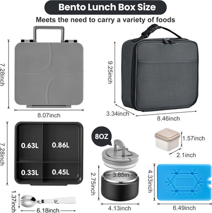 Bento Lunch Box with 8oz Soup Thermo,Kids Leakproof 4 Compartment Lunch Food Containers with Sauce Cup and Ice Pack,Kids Thermo Insulated Hot Food Jar and Lunch Bag for School,Trvael-Black