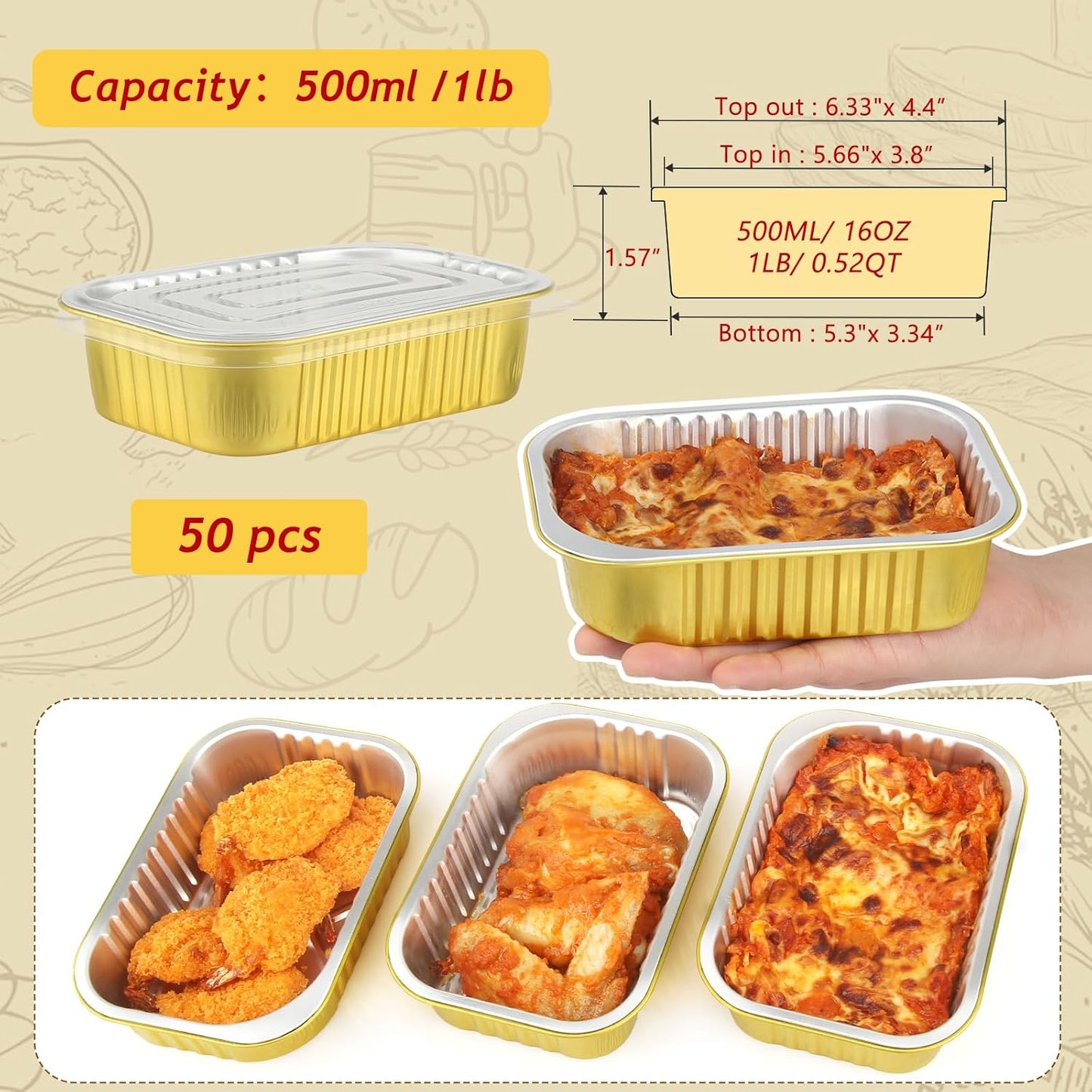 LNYZQUS 1lb Small Foil Pans With PP Lids 50 Pack, 16oz Heavy Duty Aluminum Leftover Containers Holders,Disposable Baking Tins To Go Containers For Cooking Heating Storing Meal Prep