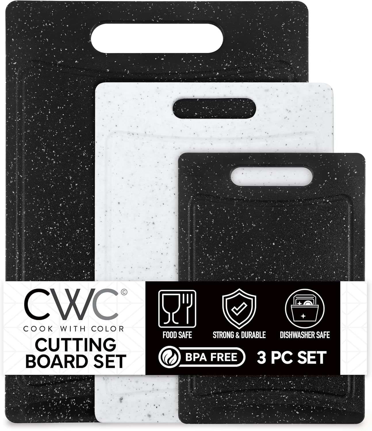 COOK WITH COLOR Non-Slip Cutting Board Set – Kitchen Essentials with Easy Grip Handle for Meat, Veggies, and Fruits, 3 Cutting Boards, Speckled White