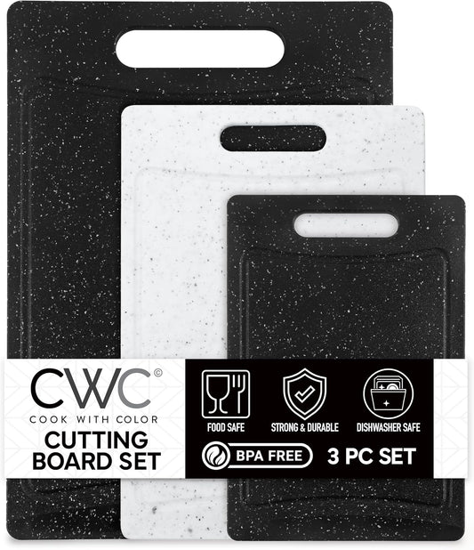 COOK WITH COLOR Non-Slip Cutting Board Set – Kitchen Essentials with Easy Grip Handle for Meat, Veggies, and Fruits, 3 Cutting Boards, Speckled White