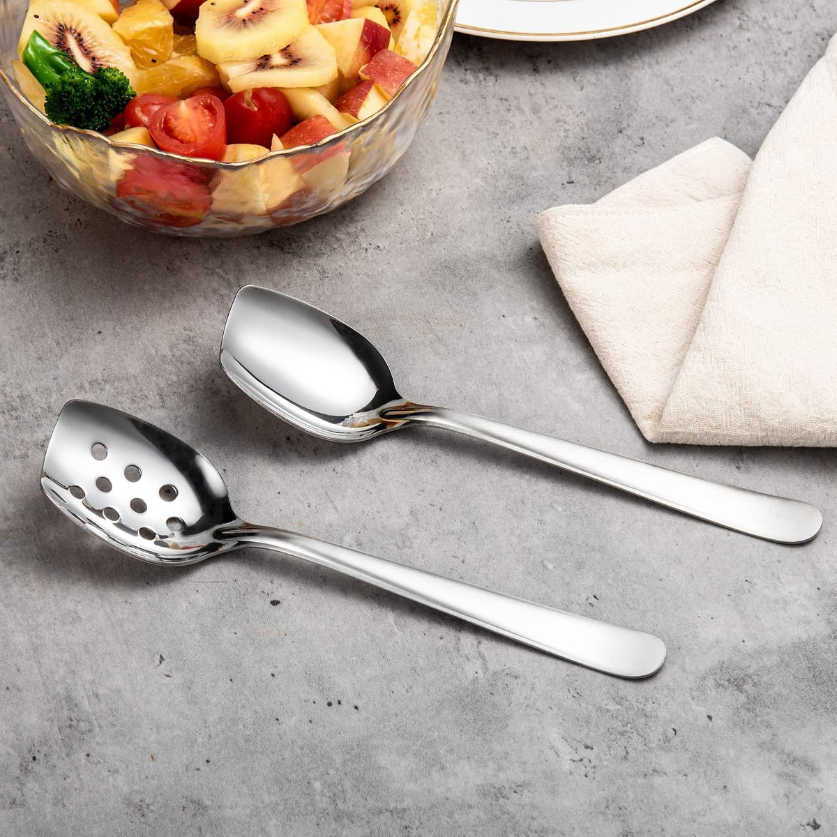 IMEEA 10 Inch Flat Bottom Scraping Cooking Spoon Set of 2, 18/8 Stainless Steel Slotted & Solid Stirring Spoon, Flat Edge Kitchen Spoon for Stir Fry, Sauce, Soup, Instant Pot