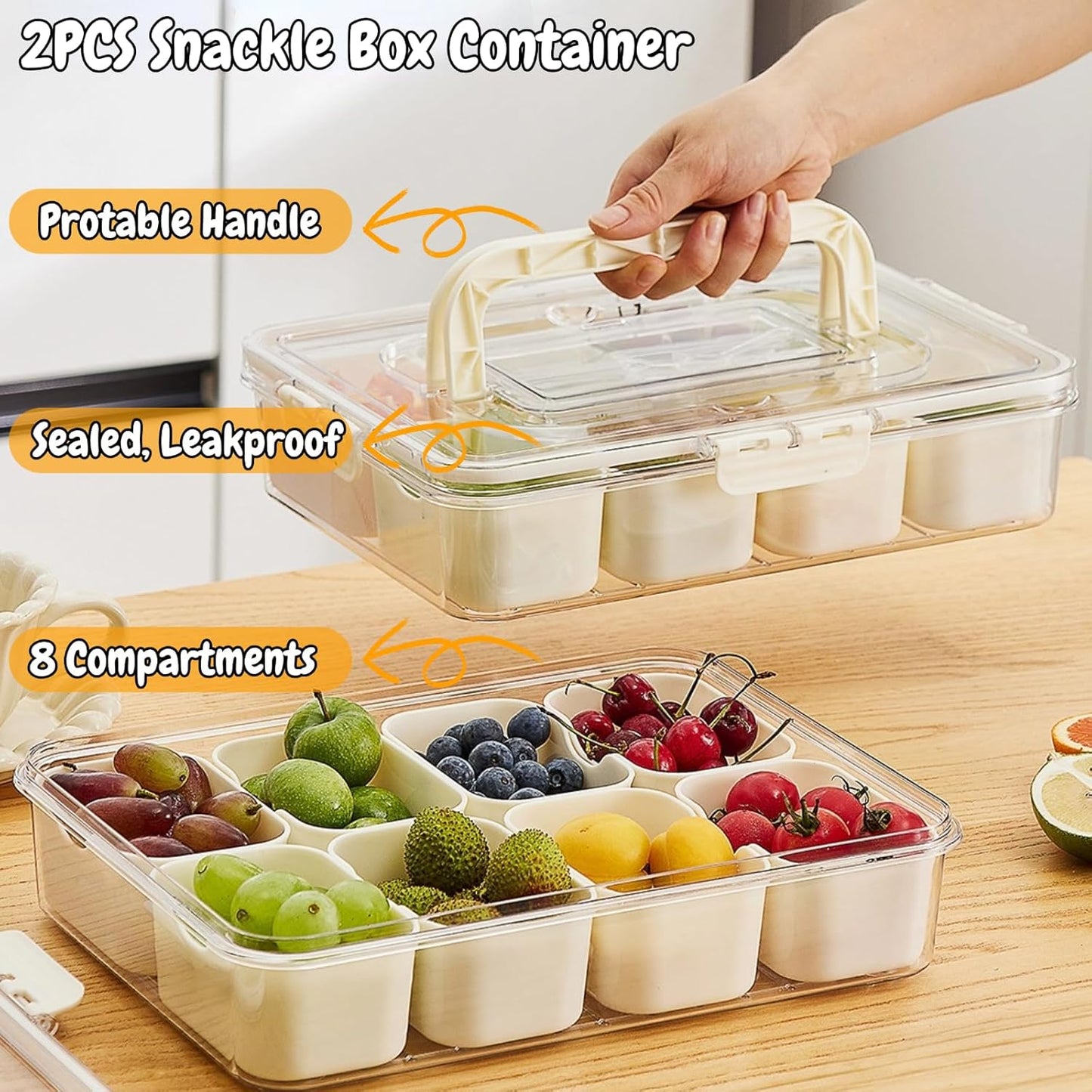 VINGVO Snackle Box, 2Pack Divided Serving Tray with Lid and Handle, 8 Compartment Portable Travel Snack Container for Adults & Kids