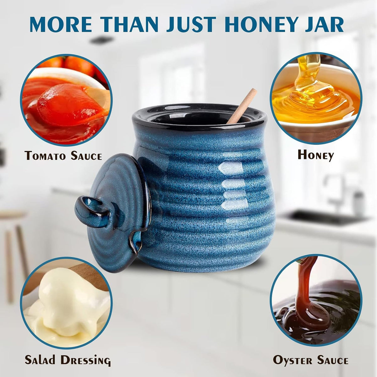 HASENSE Ceramic Honey Pot with Lid, 12 Ounce HoneyJar with Wooden Dipper, Honey Dipper Stick and Jar Set, Cute Small Container for Christmas Thanksgiving Gift, Dishwasher Safe, Blue