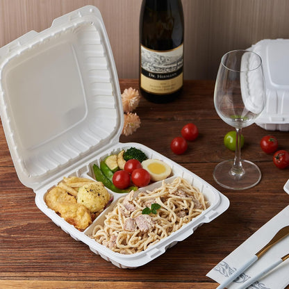 8X8 3-Compartment 50-Pack Plastic Clamshell Takeout Food Trays Heavy Duty Togo Disposable Box Carryout Meal Prep Packaging Catering Hinged Containers With Secure Snap Lid (Formerly FULING)