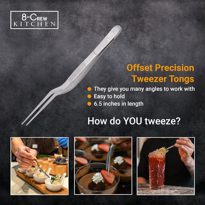 8-CREW KITCHEN Culinary Stainless Steel Tweezers, 6-inch Set of 3 Chef Precision Tongs for Plating, Decorating, Food Design, Bar and Multi-Purpose