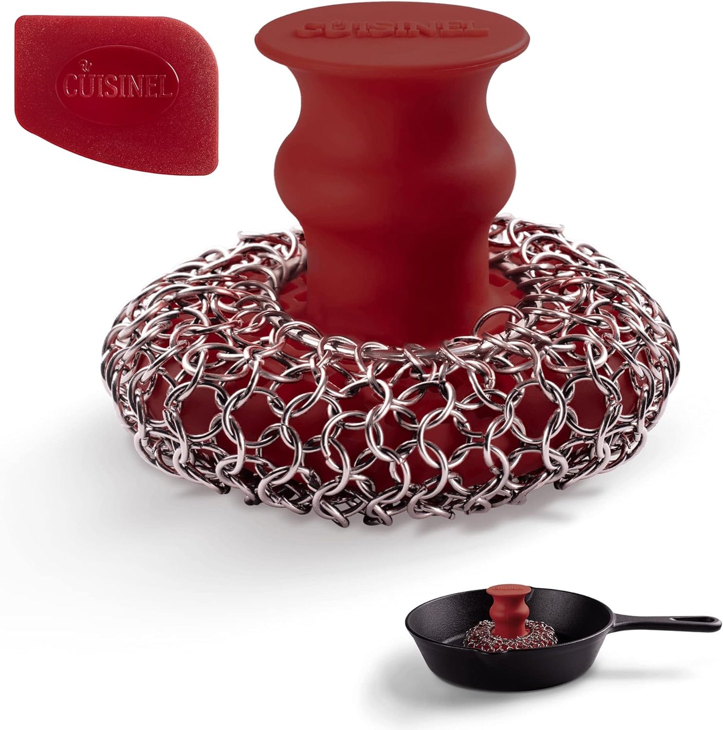 Cuisinel Cast Iron Scrubber Cleaning Brush + Pan/Grill Scraper - Skillet and Grill Cleaner Kit - Soft-Touch Confident-Grip Dish Scrub Tool - Tough on Grease, Gentle on Metal and Non-Stick Cookware