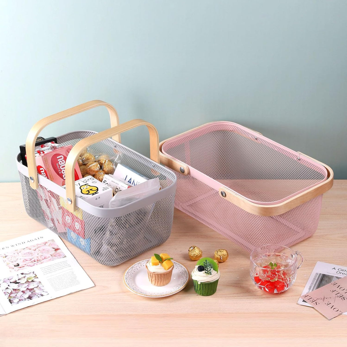 Coloful Metal Mesh Wire Basket with Foldable Wooden Handle,Bin Garden Fruit Vegetable Storage Hanging Harvest Holder for Kitchen Bathroom Picnic (Yellowish Green, Cuboid-15.7 x 9.5 x 7.2“)