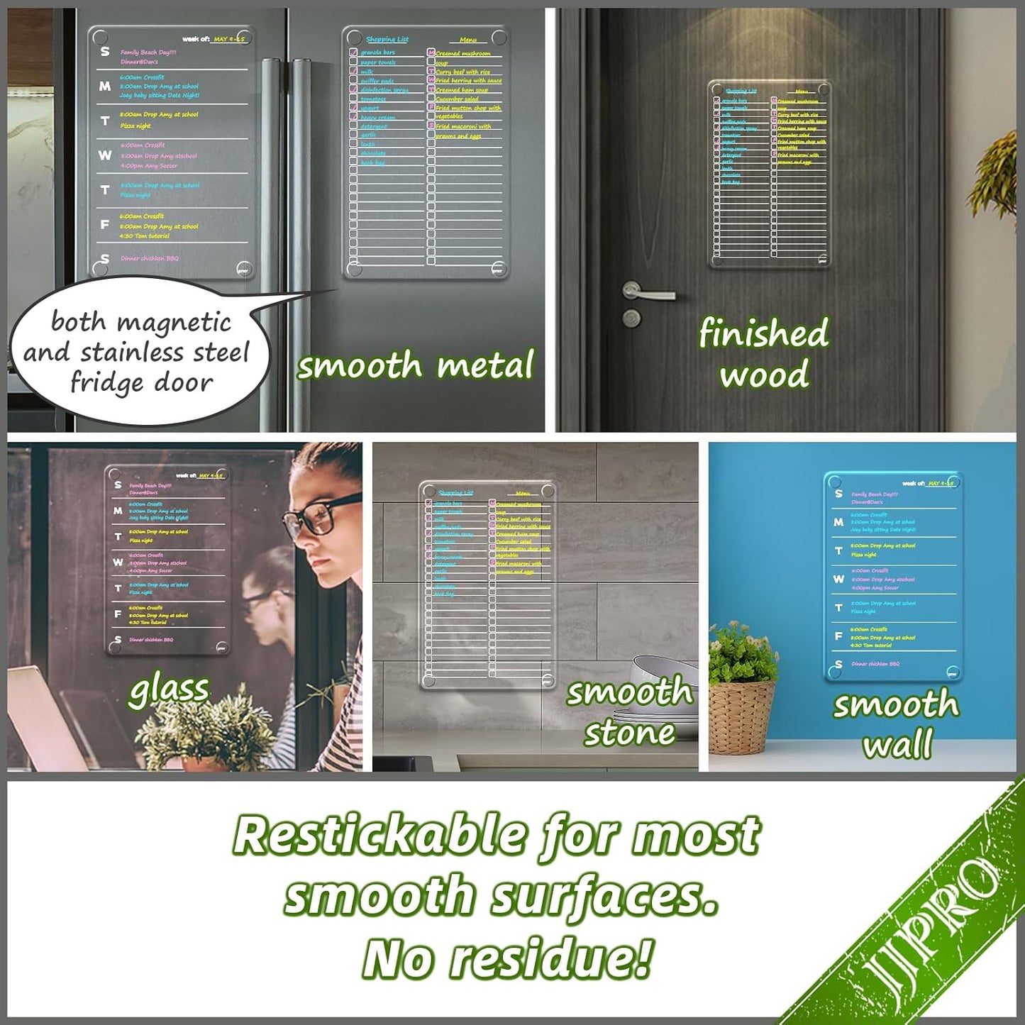JJPRO Non-Magnetic Clear Weekly Planner & to Do List for Fridge, 8.5"x13" Dry Erase to Do List WhiteBoard,Reuasble Weekly Calendar for Refrigerator,Cabinet,Wall&Glass, All Smooth Surfaces