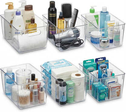 MOONEDGE Large Clear Plastic Storage Bins 4 Pack, 12" x 8" x 6" Stackable & Durable Organizers for Kitchen, Pantry, Refrigerator & Bathroom – Food Safe, Easy to Clean, Ideal for Home Organization