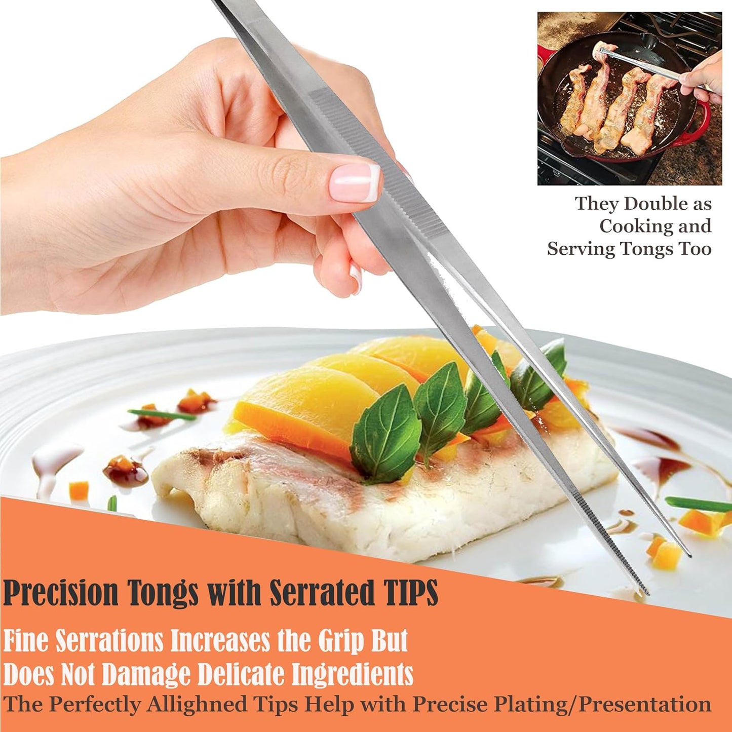 6 Inch Professional Culinary Stainless Steel Precision Tongs with Serrated Tips, Plating/Food Presentation Detailing Serving Tongs, Chef's Kitchen Tweezer Tongs - Ultra Non-Slip Grip