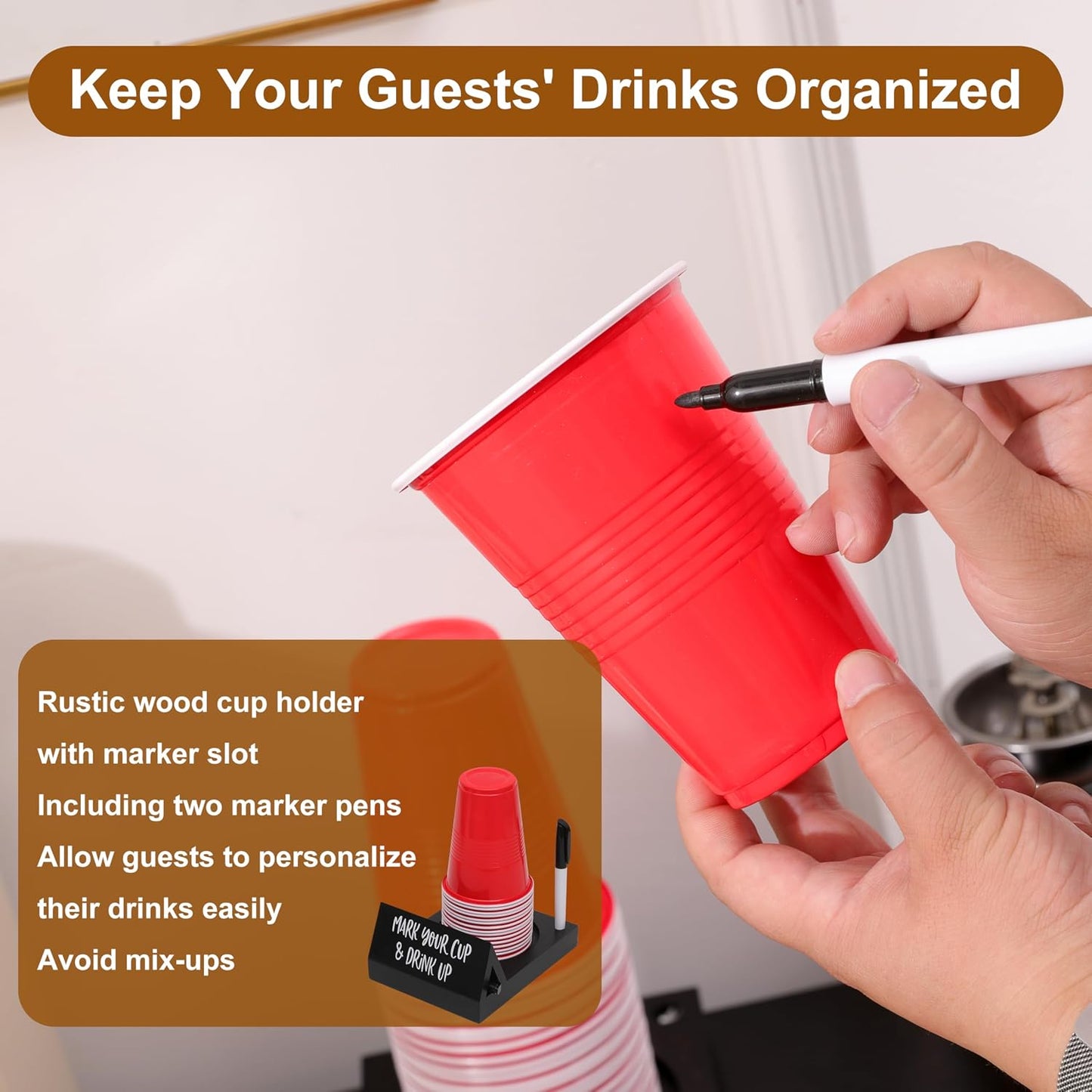 Wooden Brown Party Cup Holder with Marker Slot | Mark Your Cup and Drink Up Cup Holder |Hosting Party Essentials |Disposable Mug Dispenser for Birthday, BBQ, Holiday Events,Housewarming Gift (Brown)