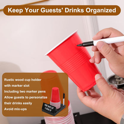 Wooden Brown Party Cup Holder with Marker Slot | Mark Your Cup and Drink Up Cup Holder |Hosting Party Essentials |Disposable Mug Dispenser for Birthday, BBQ, Holiday Events,Housewarming Gift (Brown)