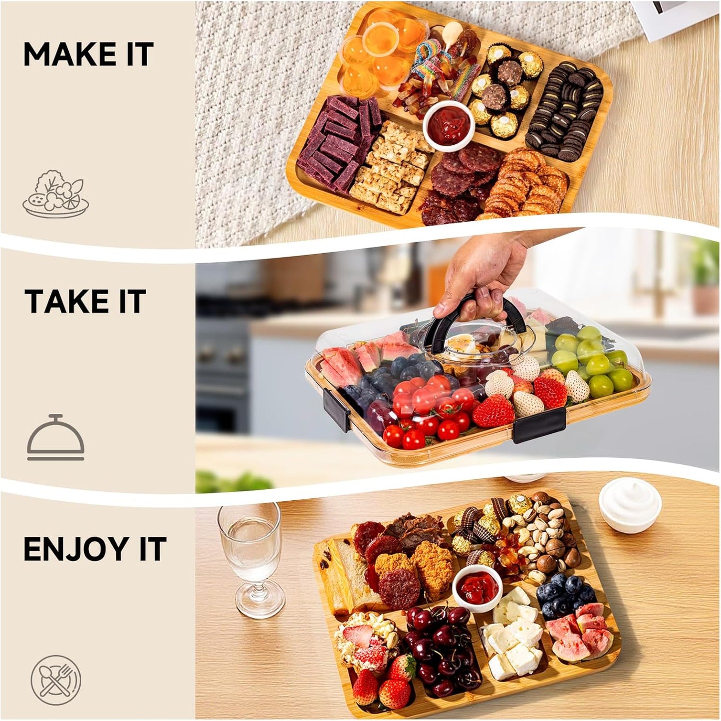 Charcuterie Board with Clear Locking Lid, Portable Travel Cheese Board & Snack Tray with Handle, 6-Compartment Charcuterie Boards, Reversible Cutting Board for Parties, Potlucks, Housewarming Gifts