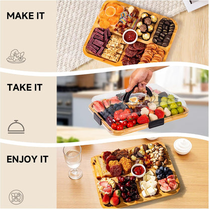 Charcuterie Board with Clear Locking Lid, Portable Travel Cheese Board & Snack Tray with Handle, 6-Compartment Charcuterie Boards, Reversible Cutting Board for Parties, Potlucks, Housewarming Gifts