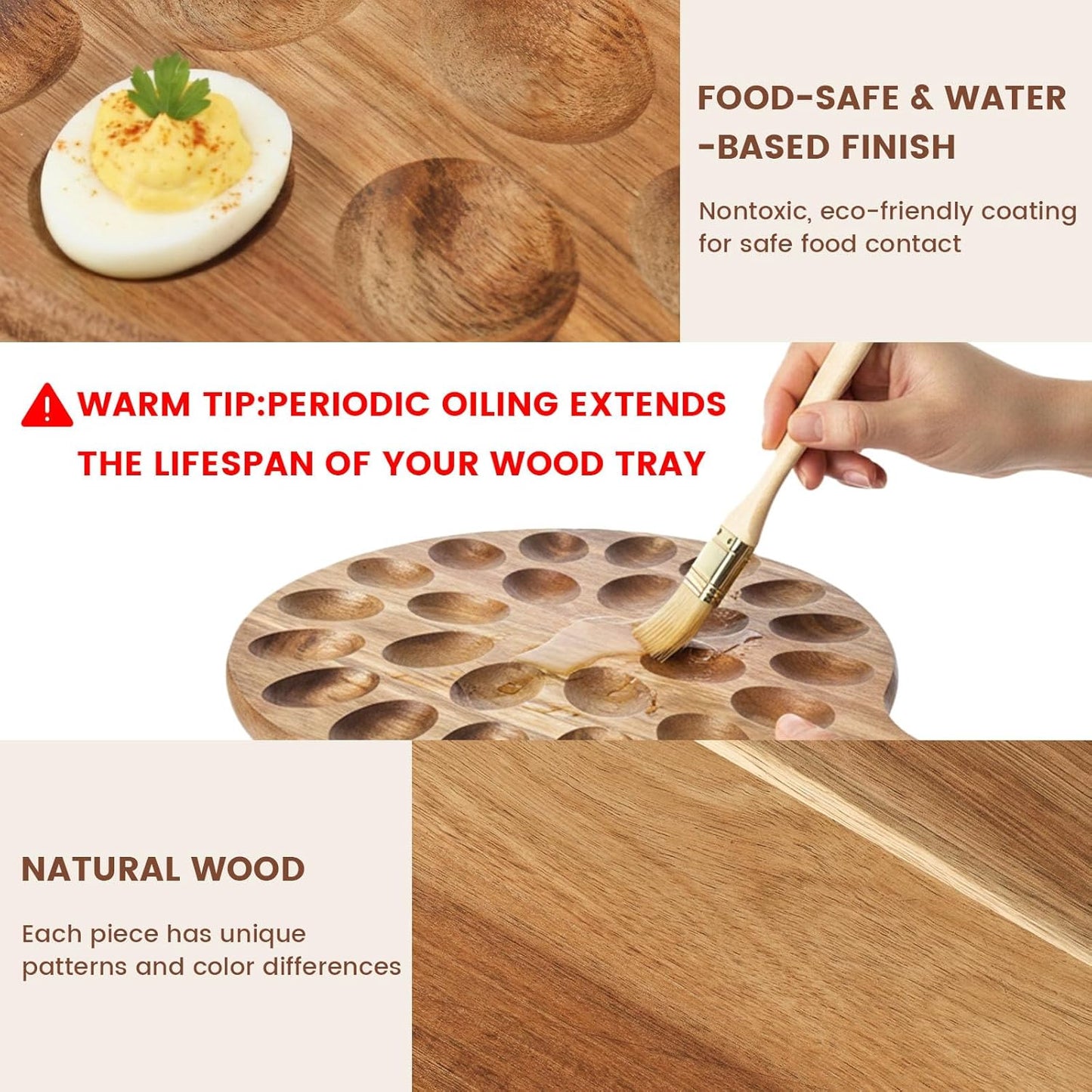 HANSGO Deviled Egg Platter, Wooden Round Deviled Egg Charcuterie Board Tray Holder Carrier with 24 Holes for Kitchen Countertops