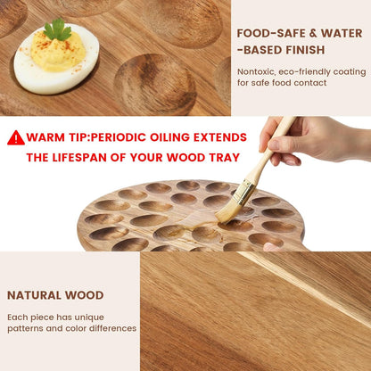 HANSGO Deviled Egg Platter, Wooden Round Deviled Egg Charcuterie Board Tray Holder Carrier with 24 Holes for Kitchen Countertops