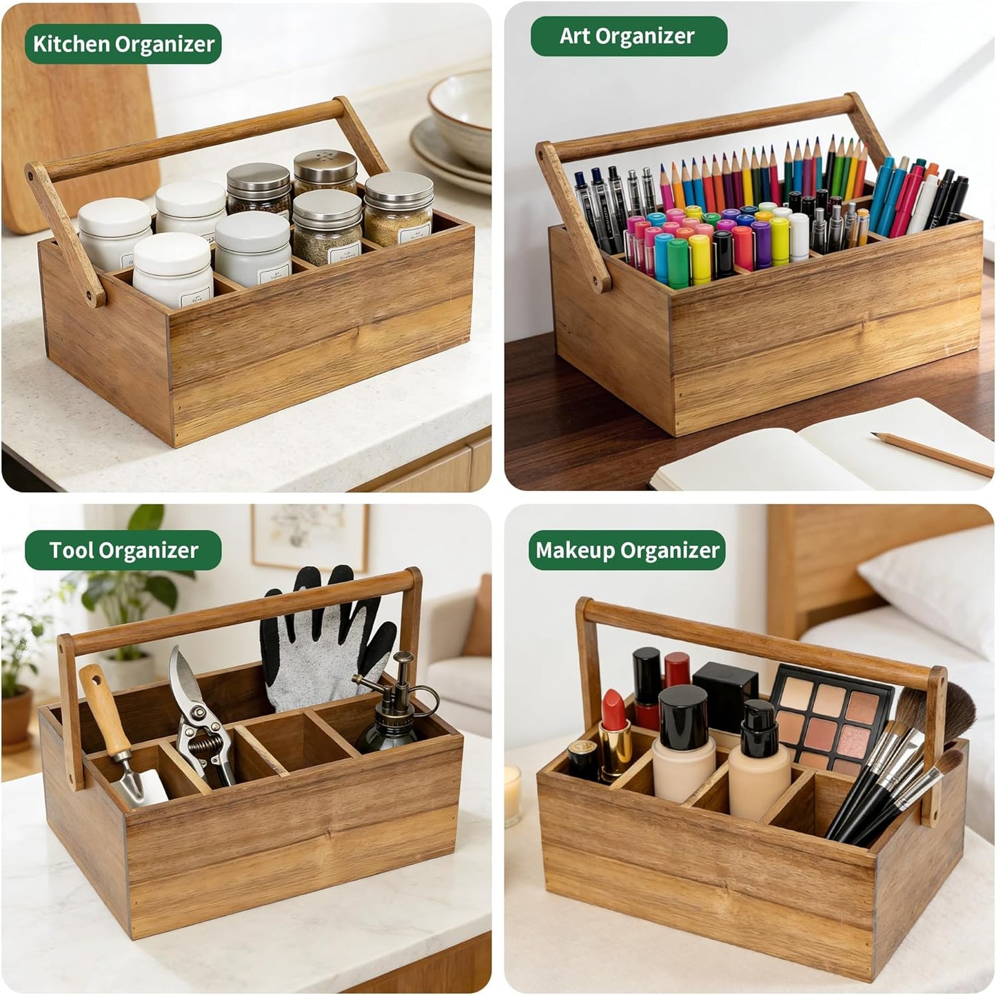 VaeFae Acacia Silverware Caddy with Handle, Wooden Utensil Holder, Mulip-pose Organizer for Kitchen, Office, Bathroom, Bedroom