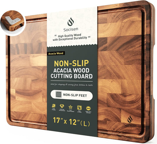 End Grain Cutting Board for Kitchen with Non-slip Feet, Acacia Wood