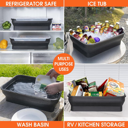 Silicone Collapsible Marinating Container with Lid for Meat, 2.64Gal/10L, Extra Large Collapsible BBQ Prep Tub, Transparent Locking Lid, XL Grill Prep Trays and Carry System, BBQ Must-Have, Black