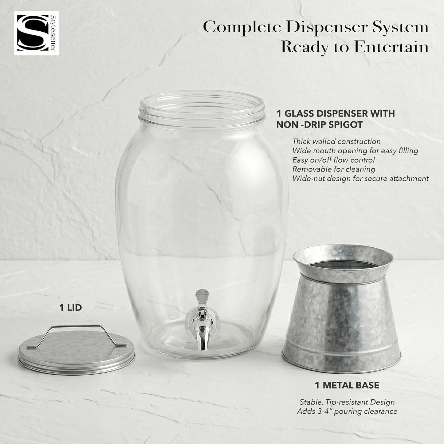 Style Setter Beverage Dispenser Cold Drink Dispenser Glass Jug, Metal Stand & Leak-Proof Acrylic Spigot Great for Parties, Weddings & More (Jaxon), 2 Gallon