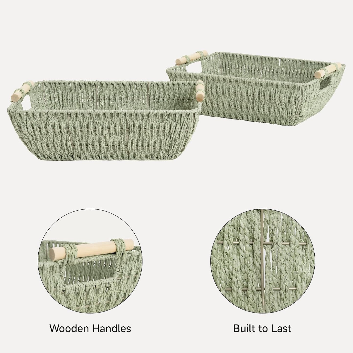 StorageWorks Hand-Woven Storage Baskets with Wooden Handles, Water Hyacinth Wicker Baskets for Organizing, 2 Pack