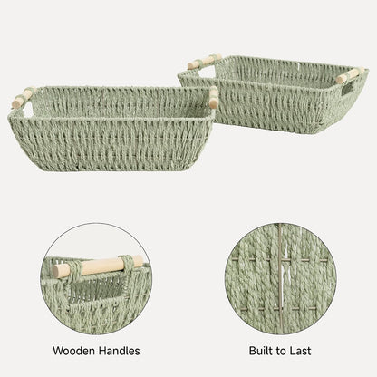 StorageWorks Hand-Woven Storage Baskets with Wooden Handles, Water Hyacinth Wicker Baskets for Organizing, 2 Pack