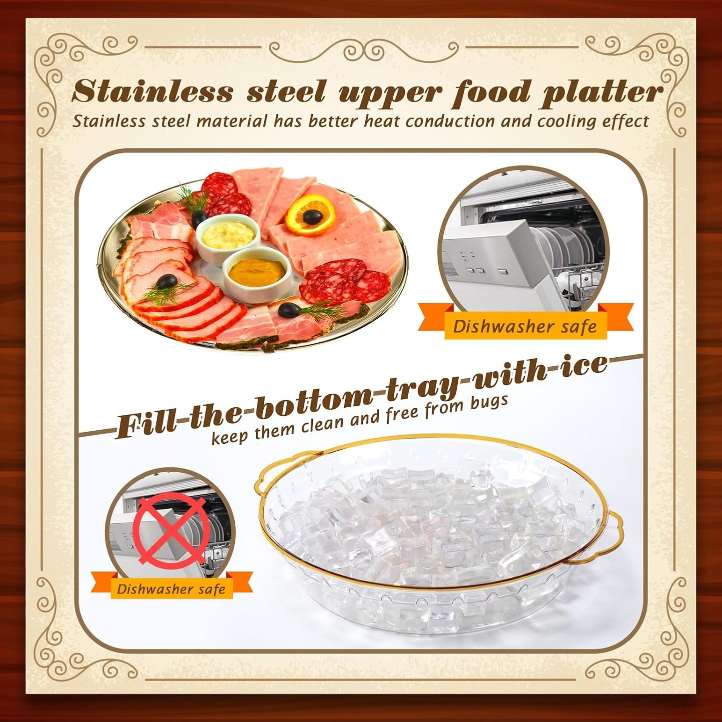Baderke 3 Set 11.8" Chilled Serving Tray for Parties with Compartments Ice Chilled Party Platter Charcuterie Serving Board Cold Dish Dip for Fruit Seafood Vegetable Shrimp Cocktail (Natural)
