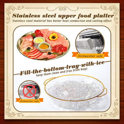 Baderke 3 Set 11.8" Chilled Serving Tray for Parties with Compartments Ice Chilled Party Platter Charcuterie Serving Board Cold Dish Dip for Fruit Seafood Vegetable Shrimp Cocktail (Natural)