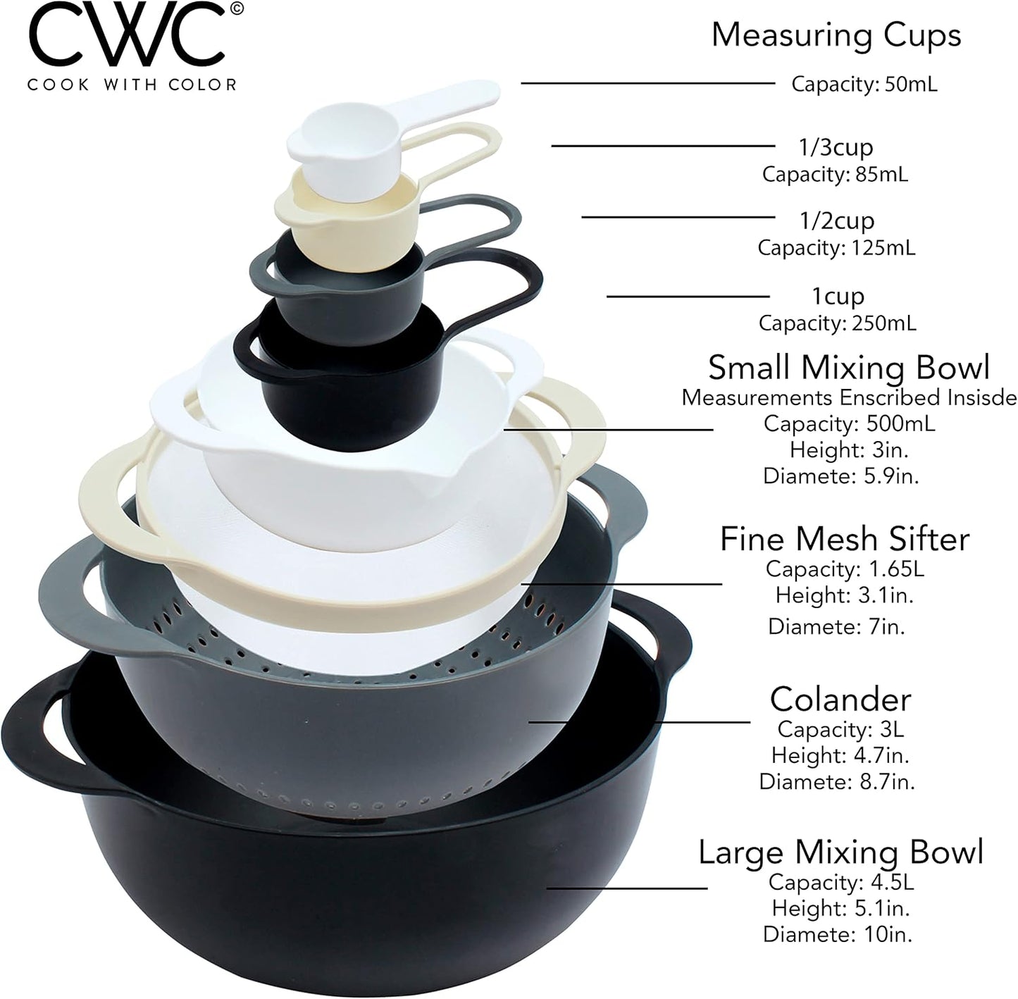 COOK WITH COLOR Nesting Bowls with Measuring Cups Colander and Sifter Set - Includes Mixing Bowls, Colander, Sifter and Measuring Cups, Navy, 8 Pc Bowl