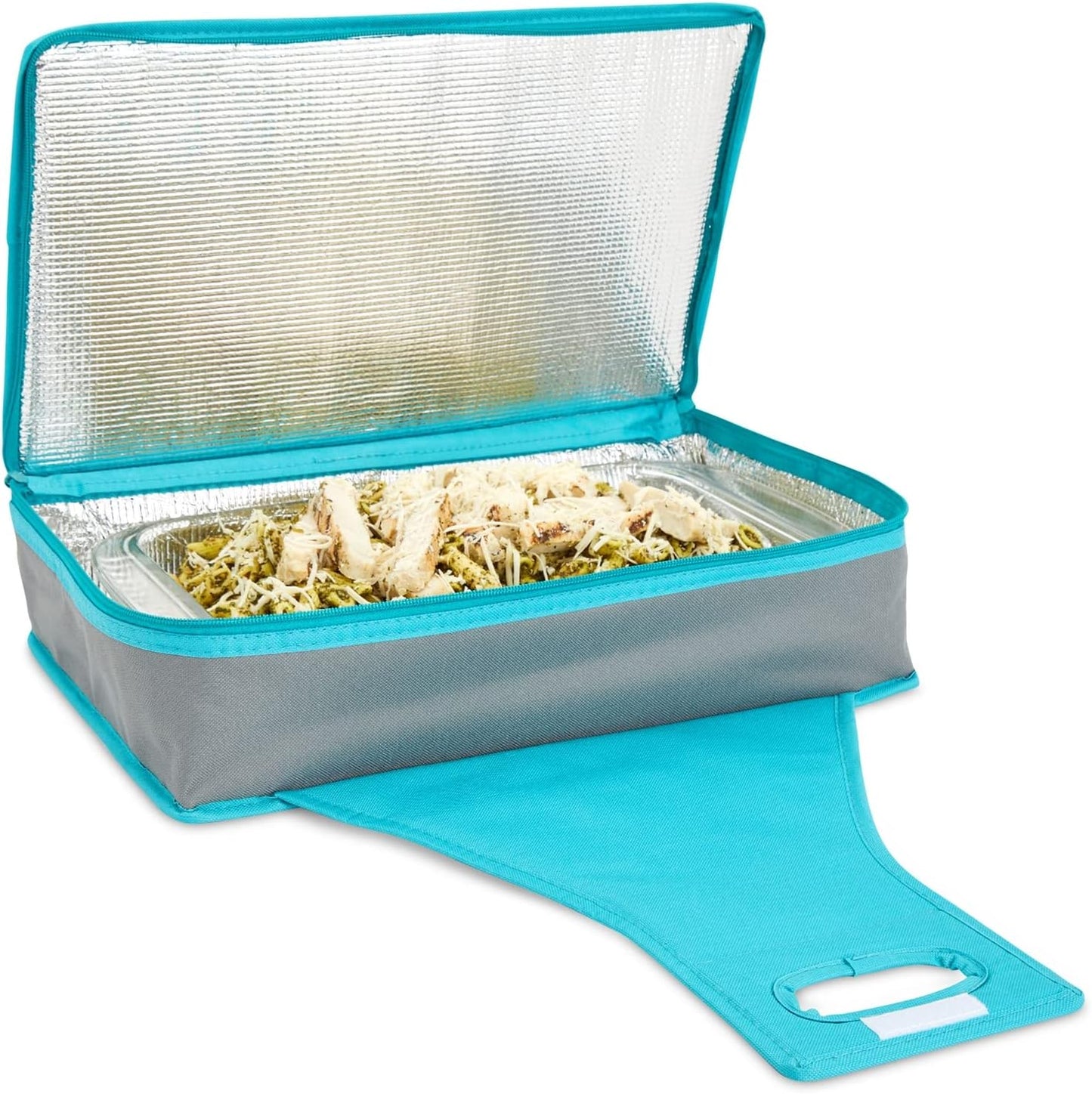 Insulated Round Thermal Casserole Food Carrier for Lunch, Lasagna, Potluck, Picnics, Vacations - Teal and Grey
