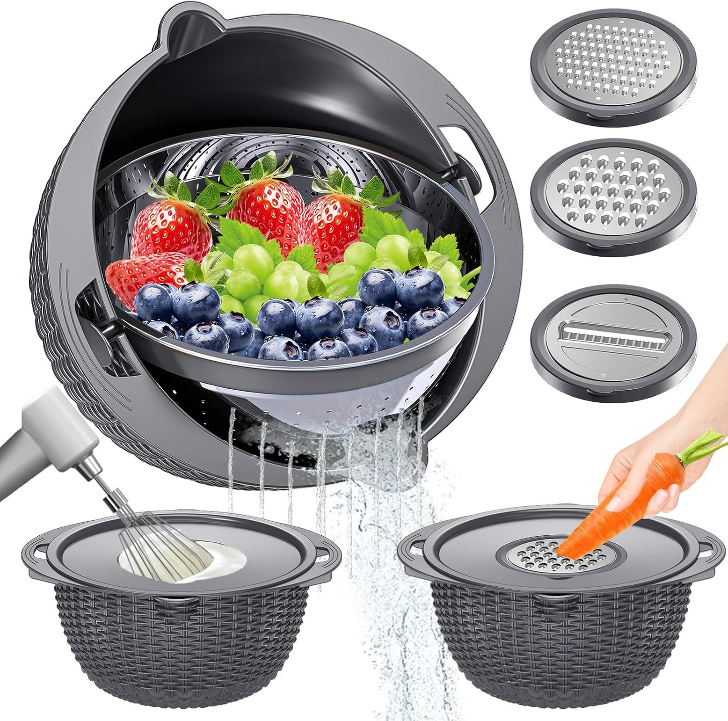 4-in-1 Colander with Bowl Set — Patented 360° Rotatable Strainer Bowl with 3 Graters, Snap-On Lid & Non-Slip Base, Funny Kitchen Present for Women, Aesthetic Pasta Fruit Vegetable Strainer (Beige)