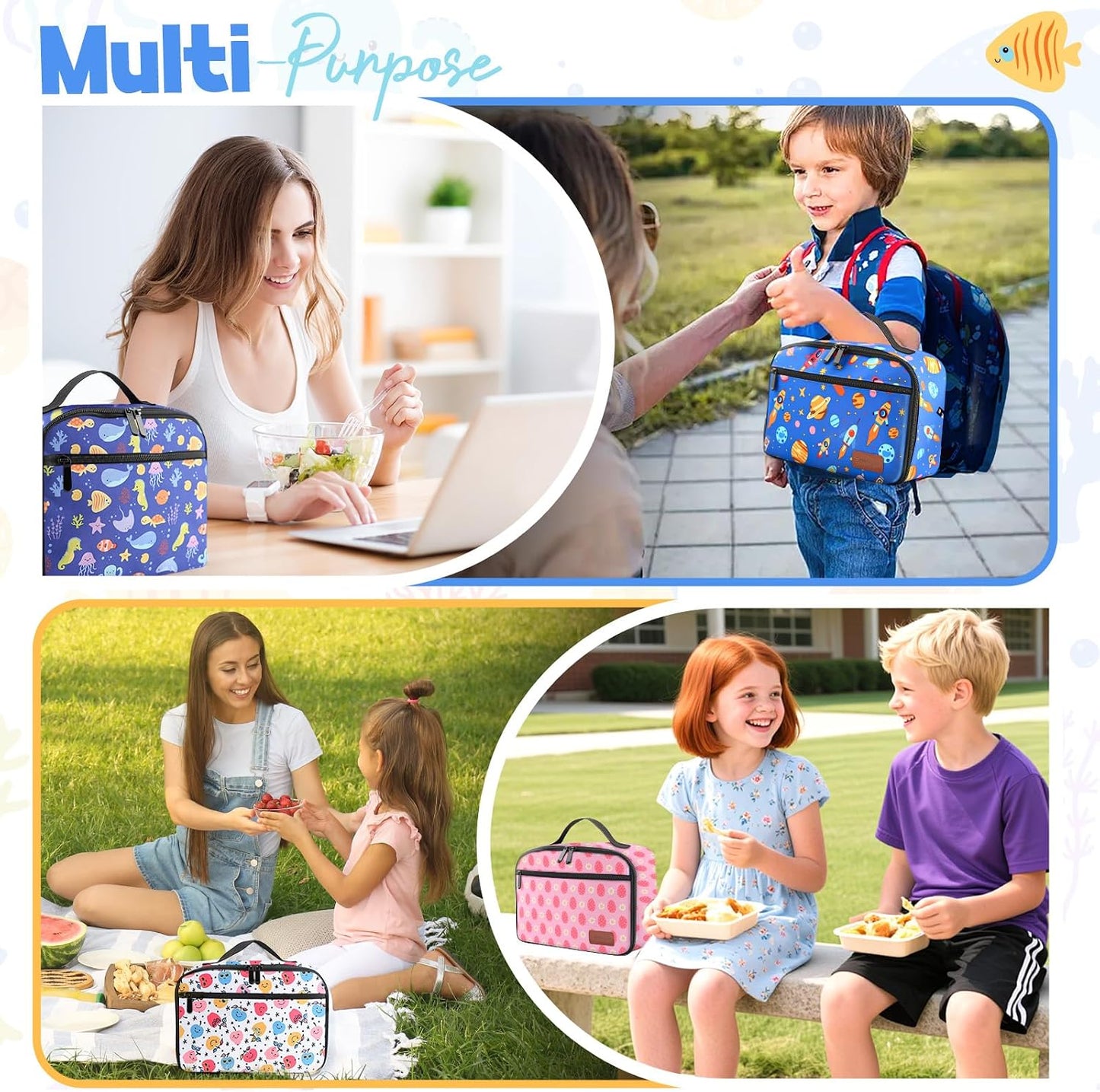 Lunch Box Kids, Lunch Bags for Women Men, Insulated Cooler Reusable Cute Lunch Containers for Boy & Girls, Adults Leak Proof Large Lunch Tote Bags for School, Work, Travel, Picnic Outdoor and Beach